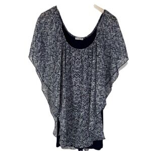 CHACHA VENTE Women's 2X Navy White Chevron Print Overlay Blouse Top USA Made